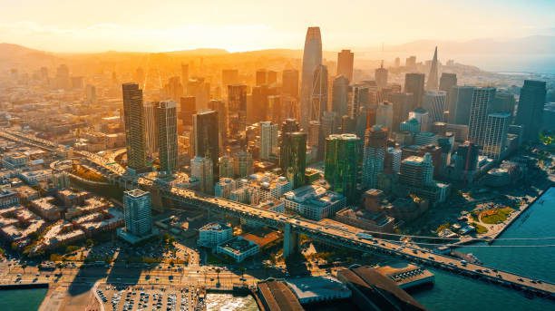 Aerial view of San Francisco skyline at sunset