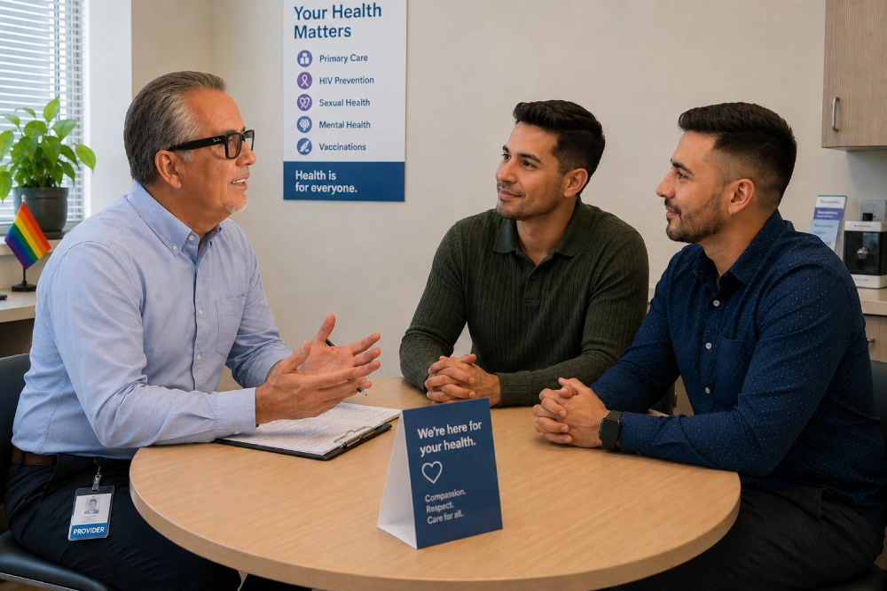 Healthcare provider consulting two men at table