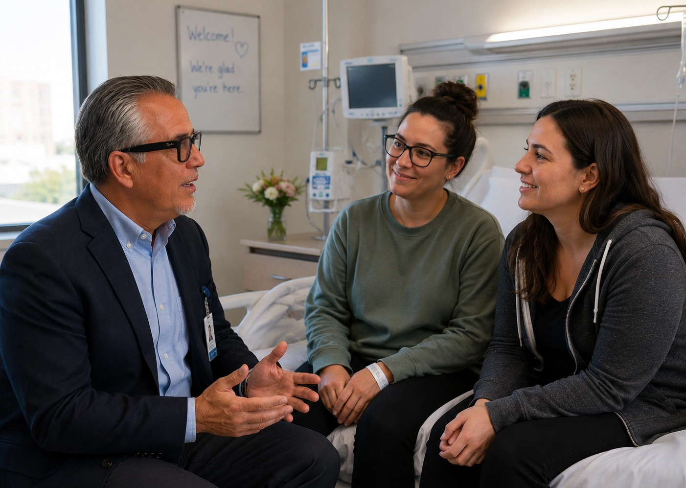 Doctor consulting with two patients in hospital