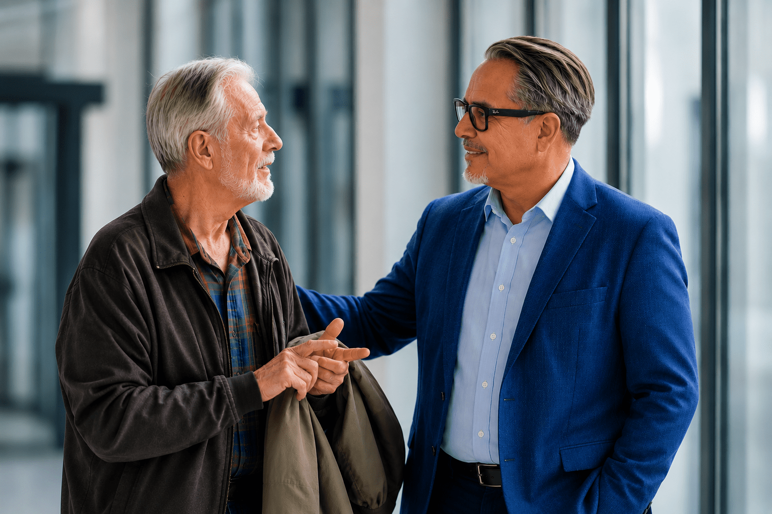 Two men conversing in office corridor